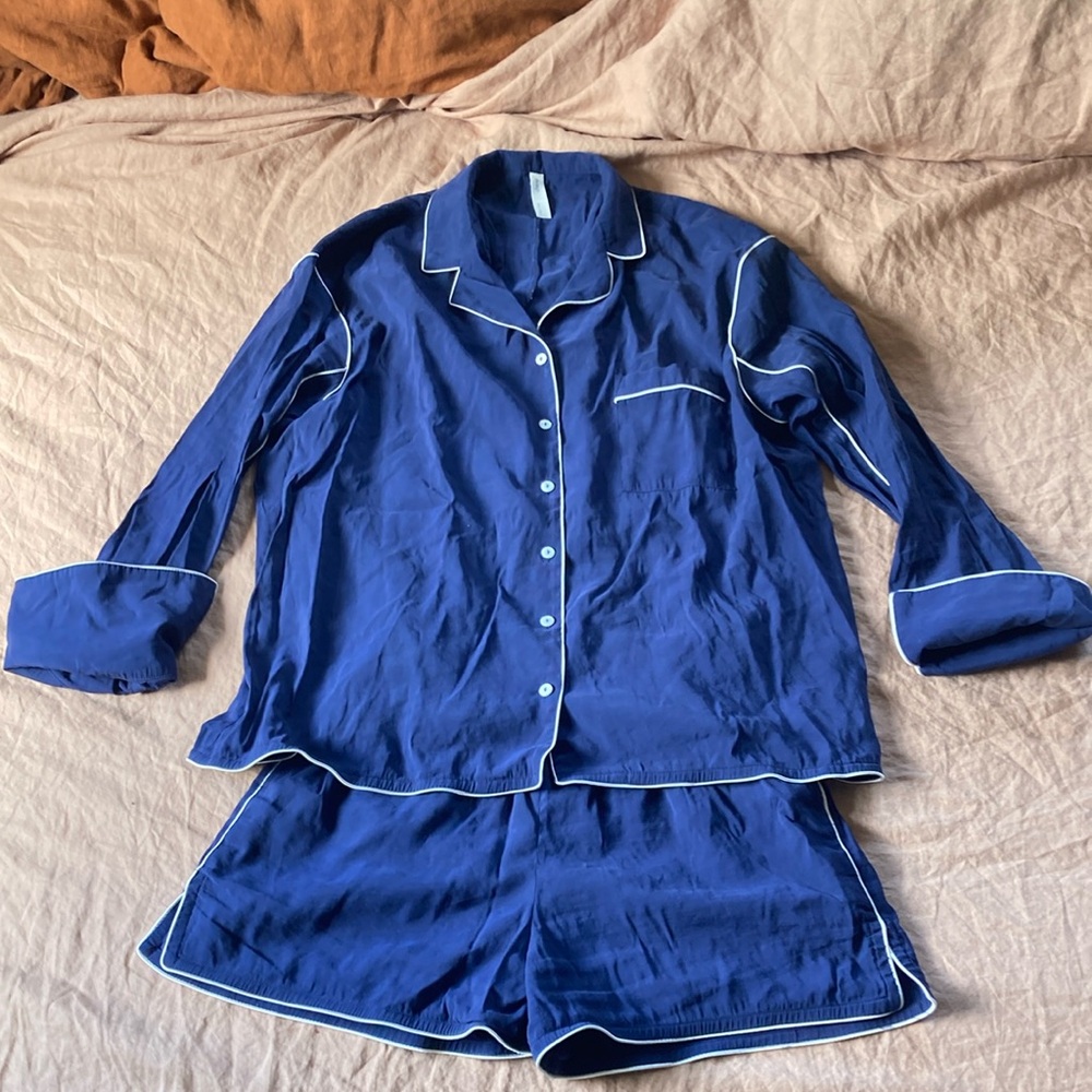 Women's Blue Pajama Set with White Trim